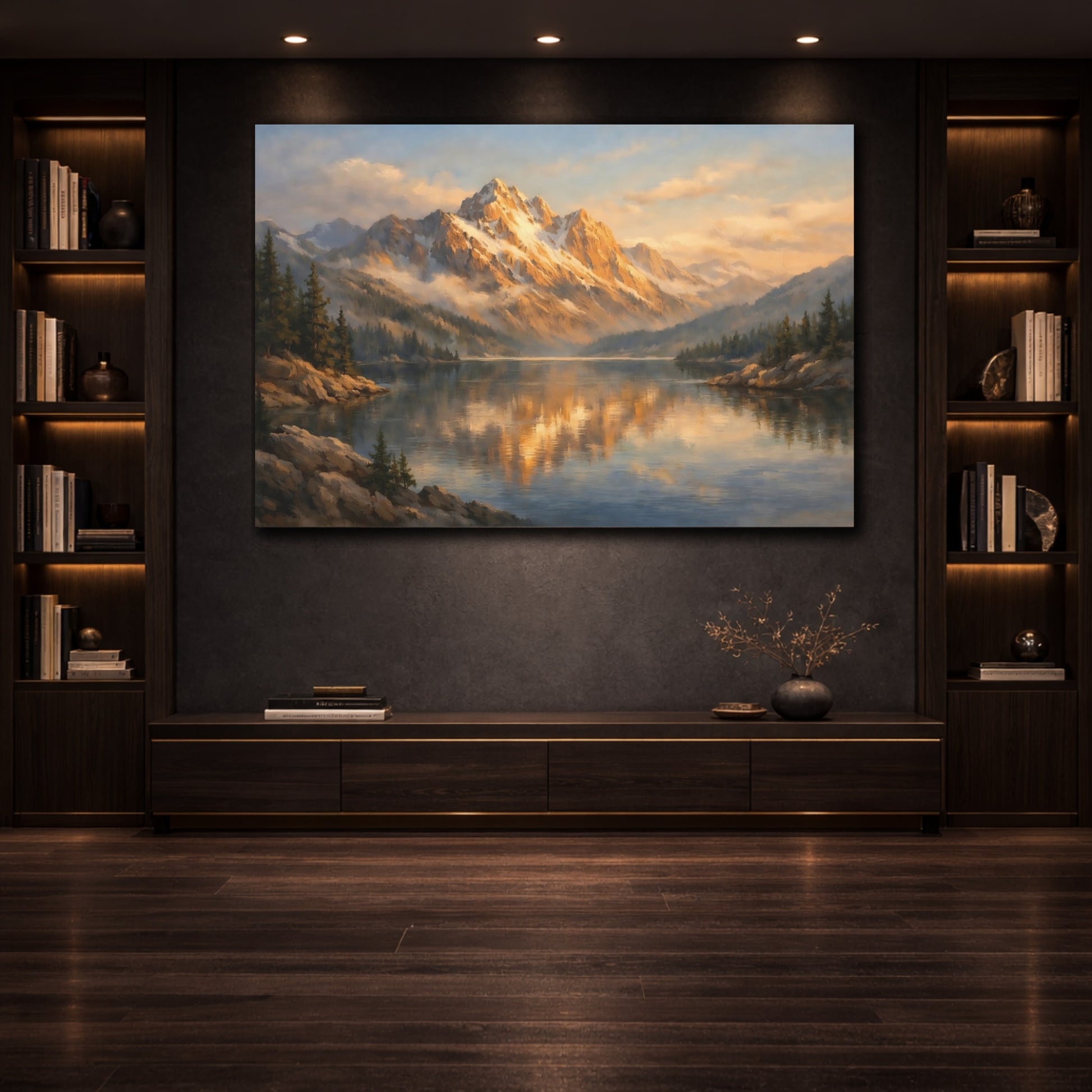 Mockup 3. Watercolor Mountain Edge Hard Light shown as stretched canvas wall art