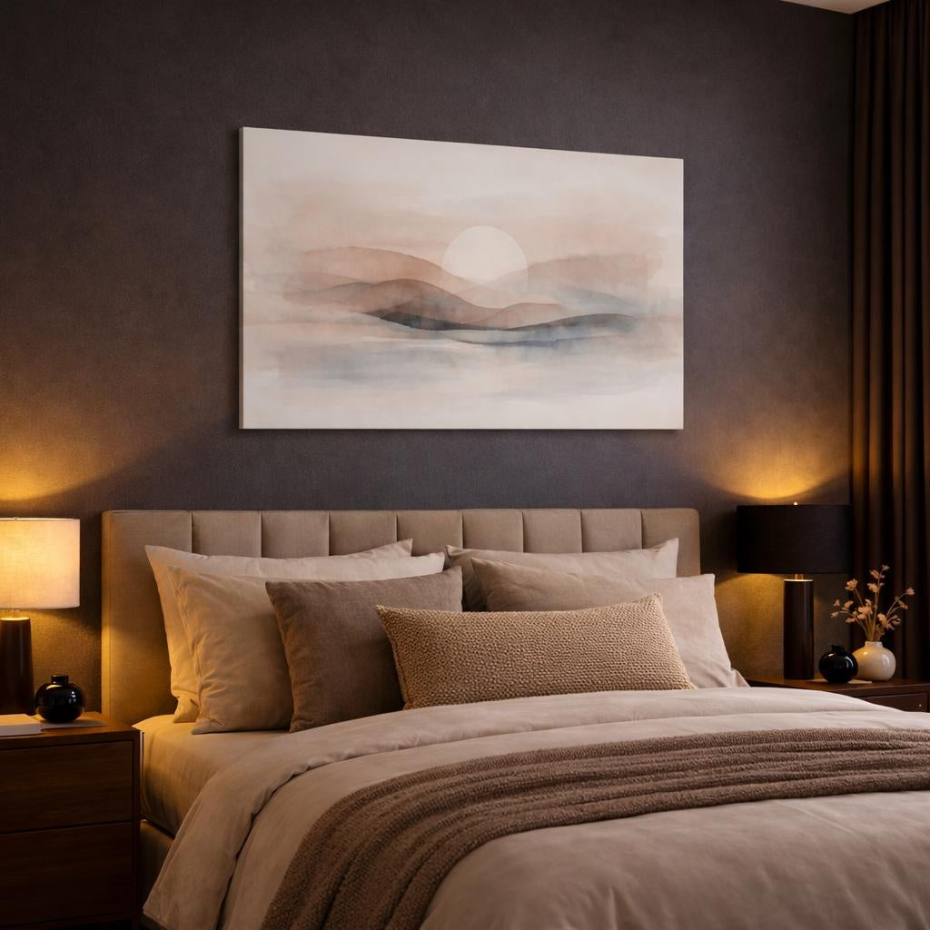 Watercolor Neutral Abstract shown as canvas wall art in a luxury bedroom