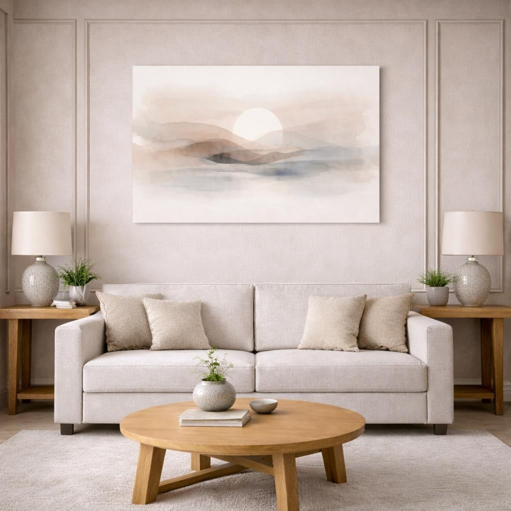 Watercolor Neutral Abstract shown as canvas wall art in a modern living room