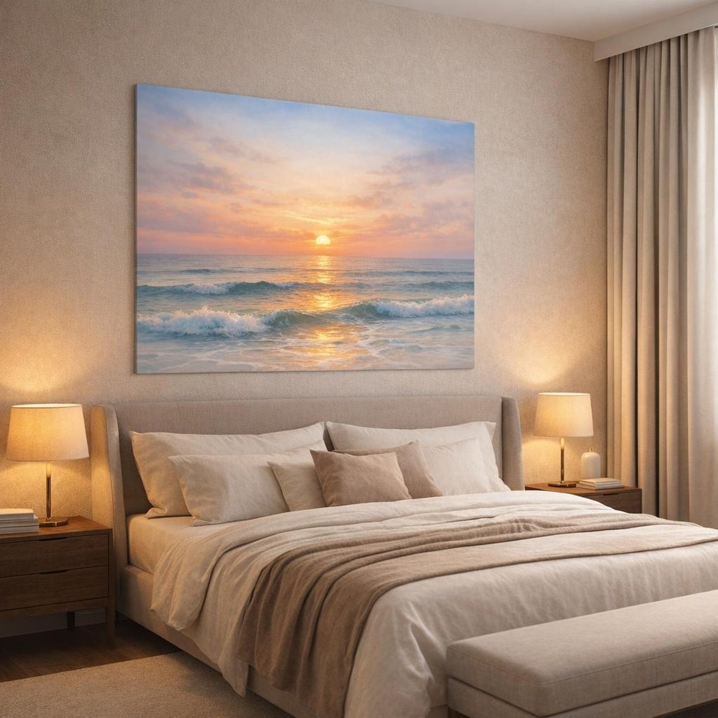 Watercolor Ocean Evening Glow shown as canvas wall art in a luxury bedroom
