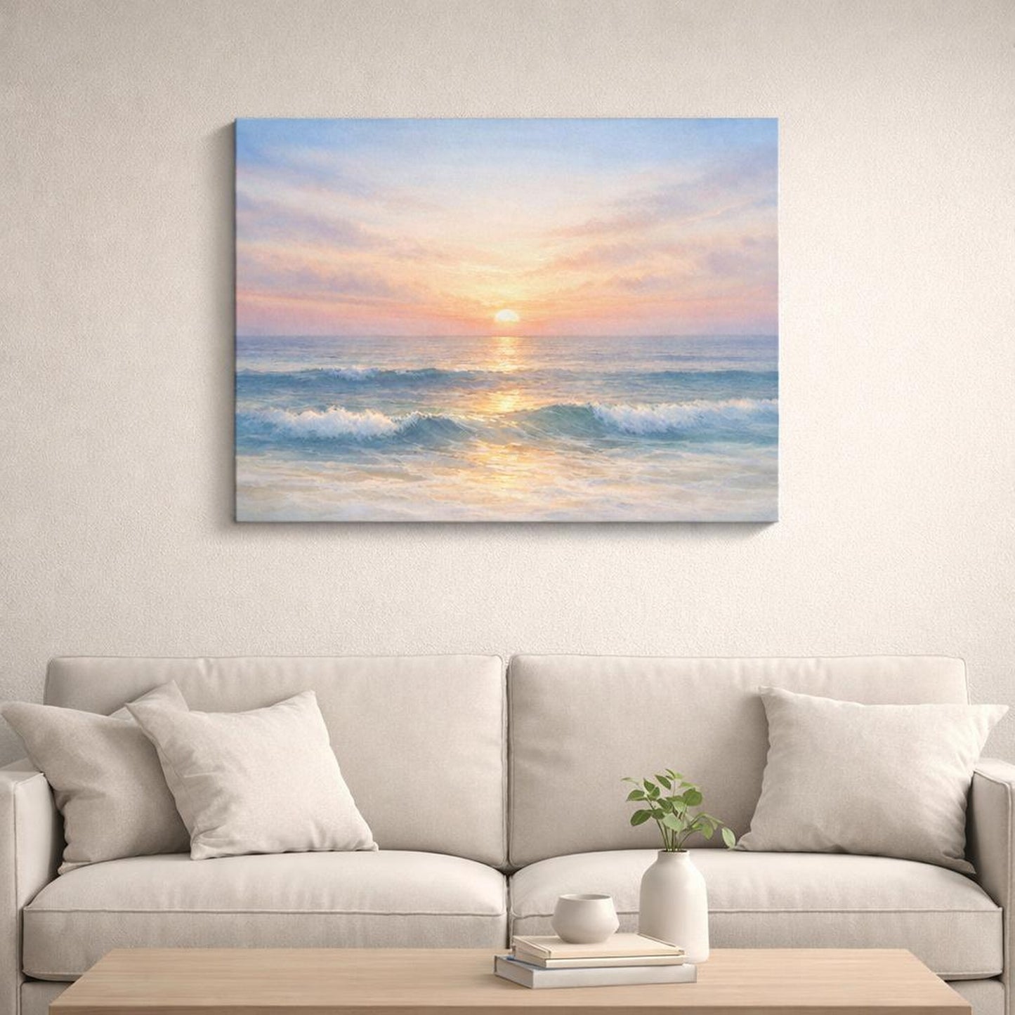 Watercolor Ocean Evening Glow shown as canvas wall art in a refined dining room