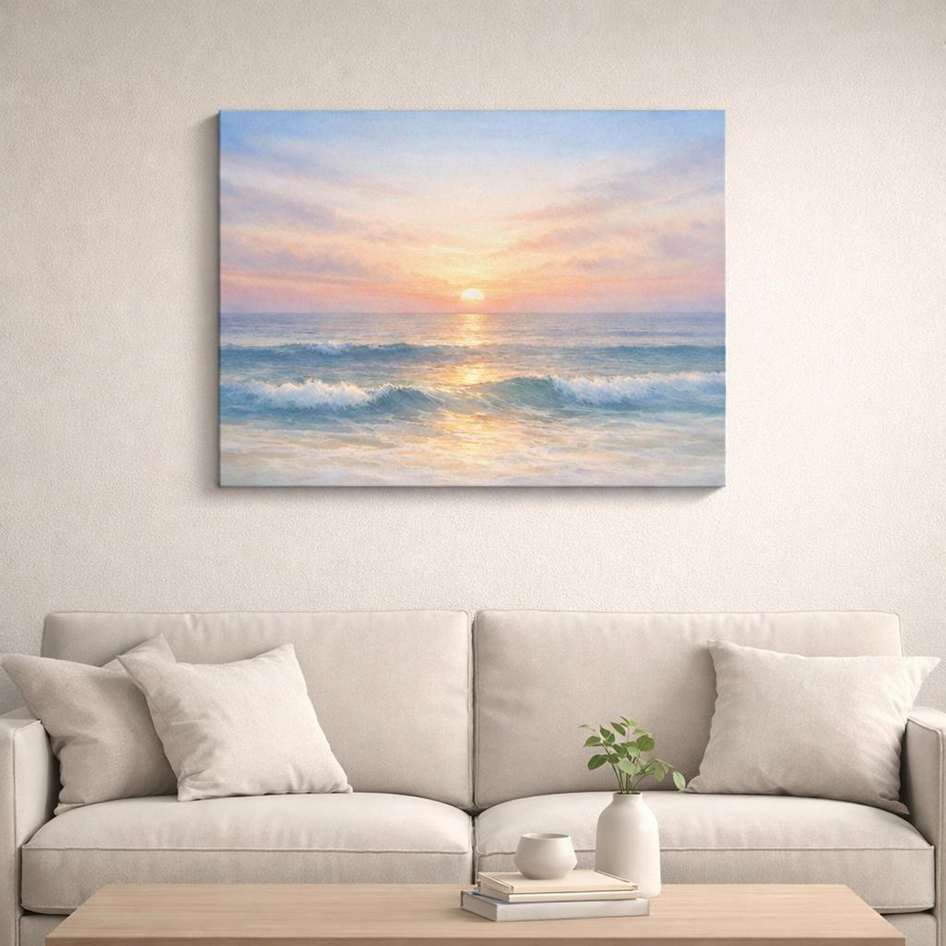 Watercolor Ocean Evening Glow shown as canvas wall art in a refined dining room