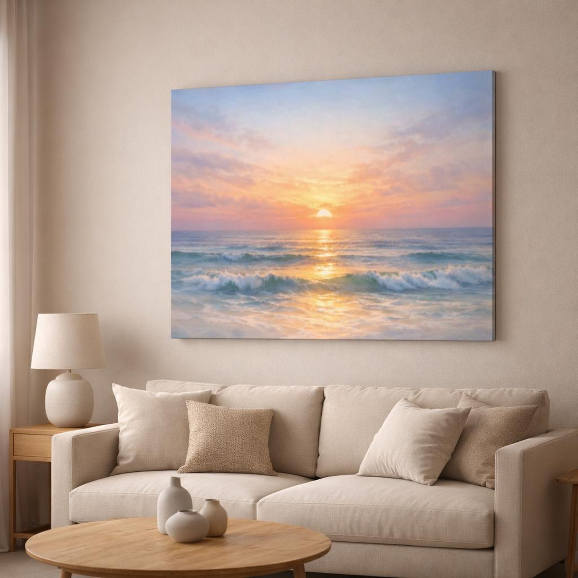 Watercolor Ocean Evening Glow shown as canvas wall art in a modern living room