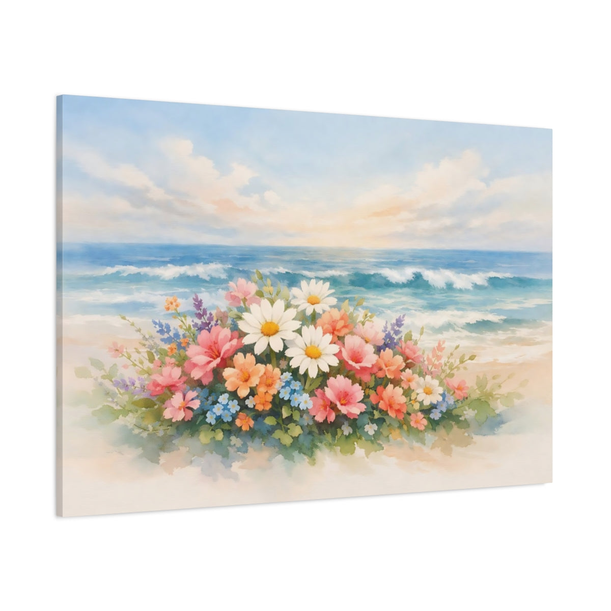 Main Mockup. Watercolor Ocean Flowers shown as stretched canvas wall art