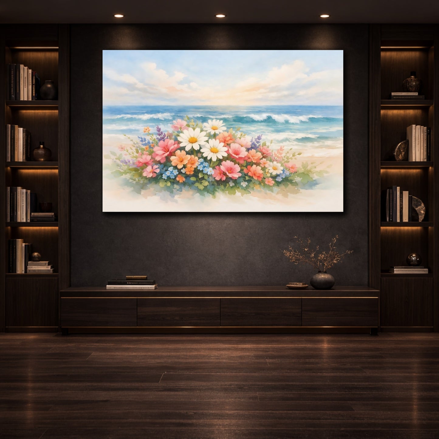 Mockup 2. Watercolor Ocean Flowers shown as stretched canvas wall art