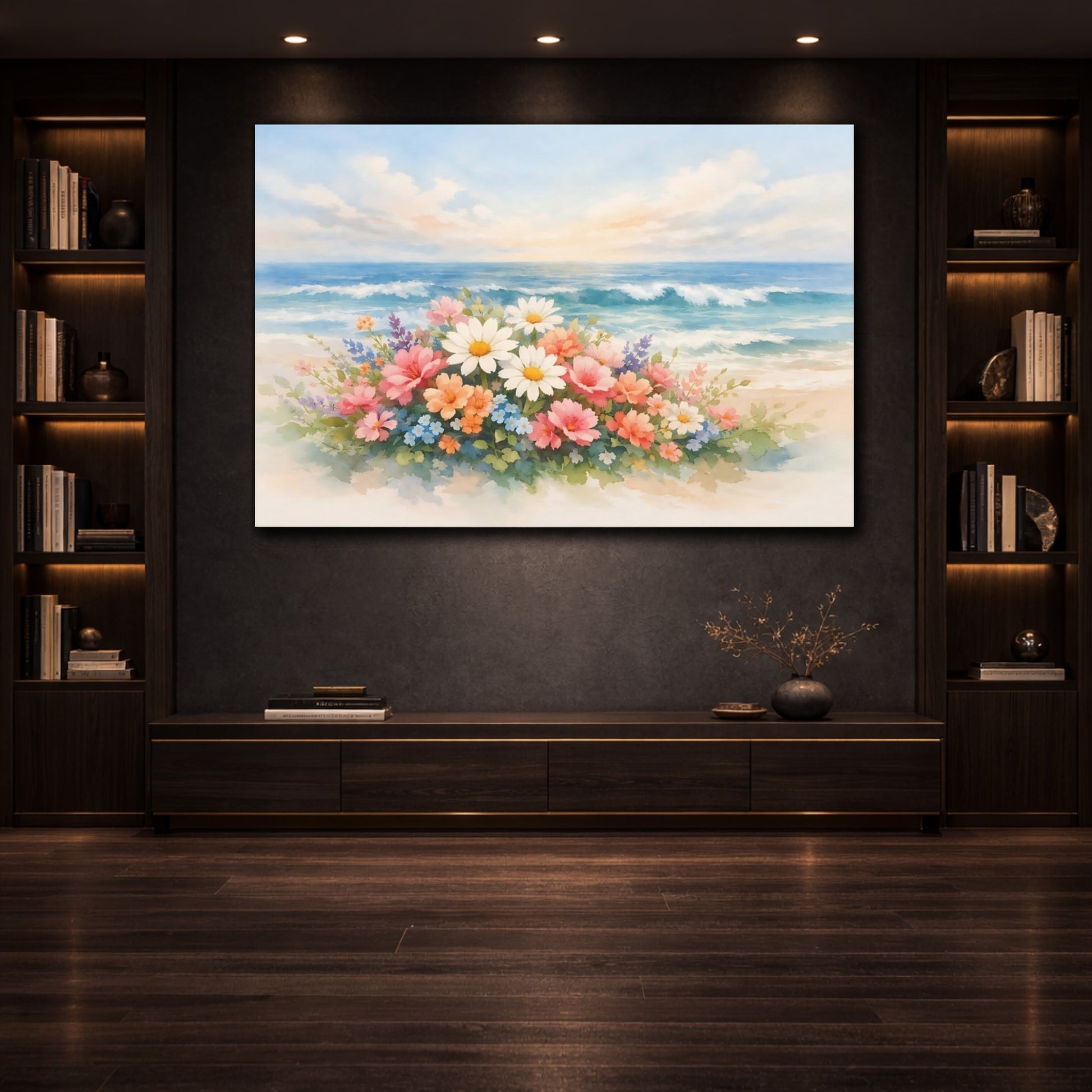 Mockup 2. Watercolor Ocean Flowers shown as stretched canvas wall art