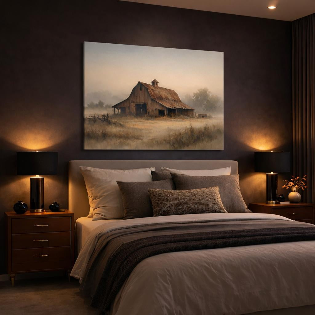 Watercolor Old Barn shown as canvas wall art in a luxury bedroom
