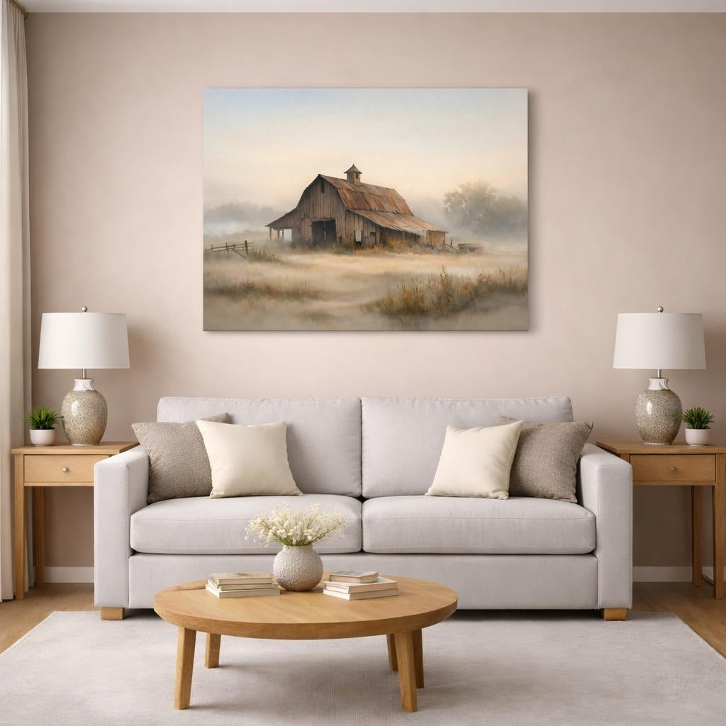 Watercolor Old Barn shown as canvas wall art in a modern living room