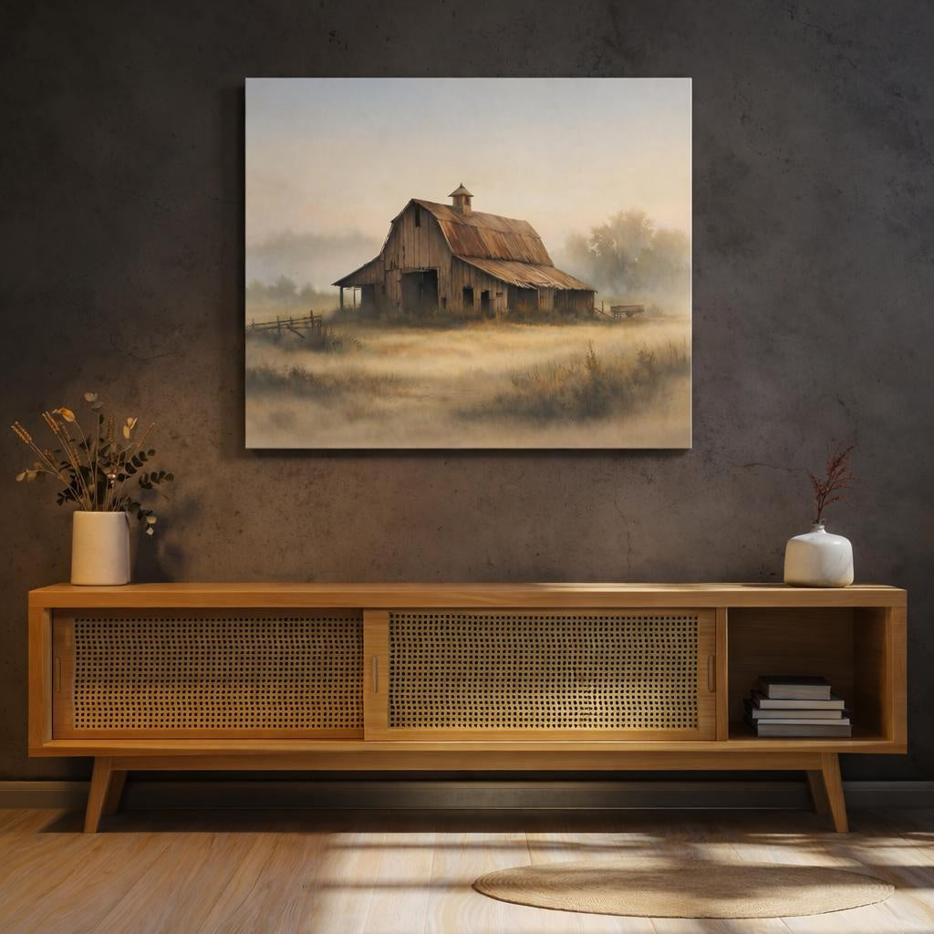 Watercolor Old Barn shown as canvas wall art in a refined dining room