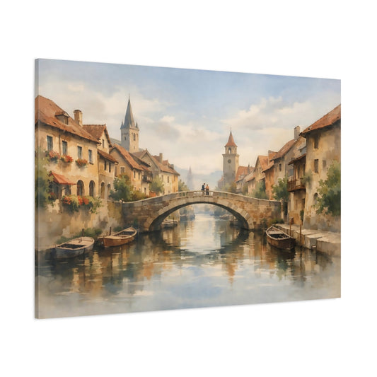 Watercolor Old Town Canal shown as stretched canvas wall art
