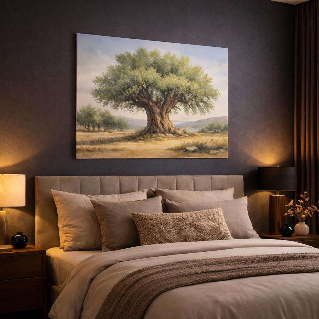 Watercolor Olive Tree shown as canvas wall art in a luxury bedroom
