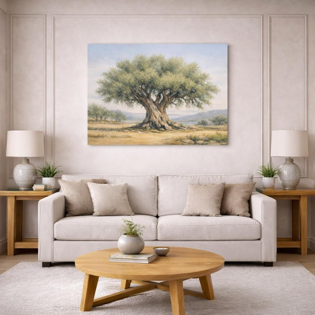 Watercolor Olive Tree shown as canvas wall art in a modern living room