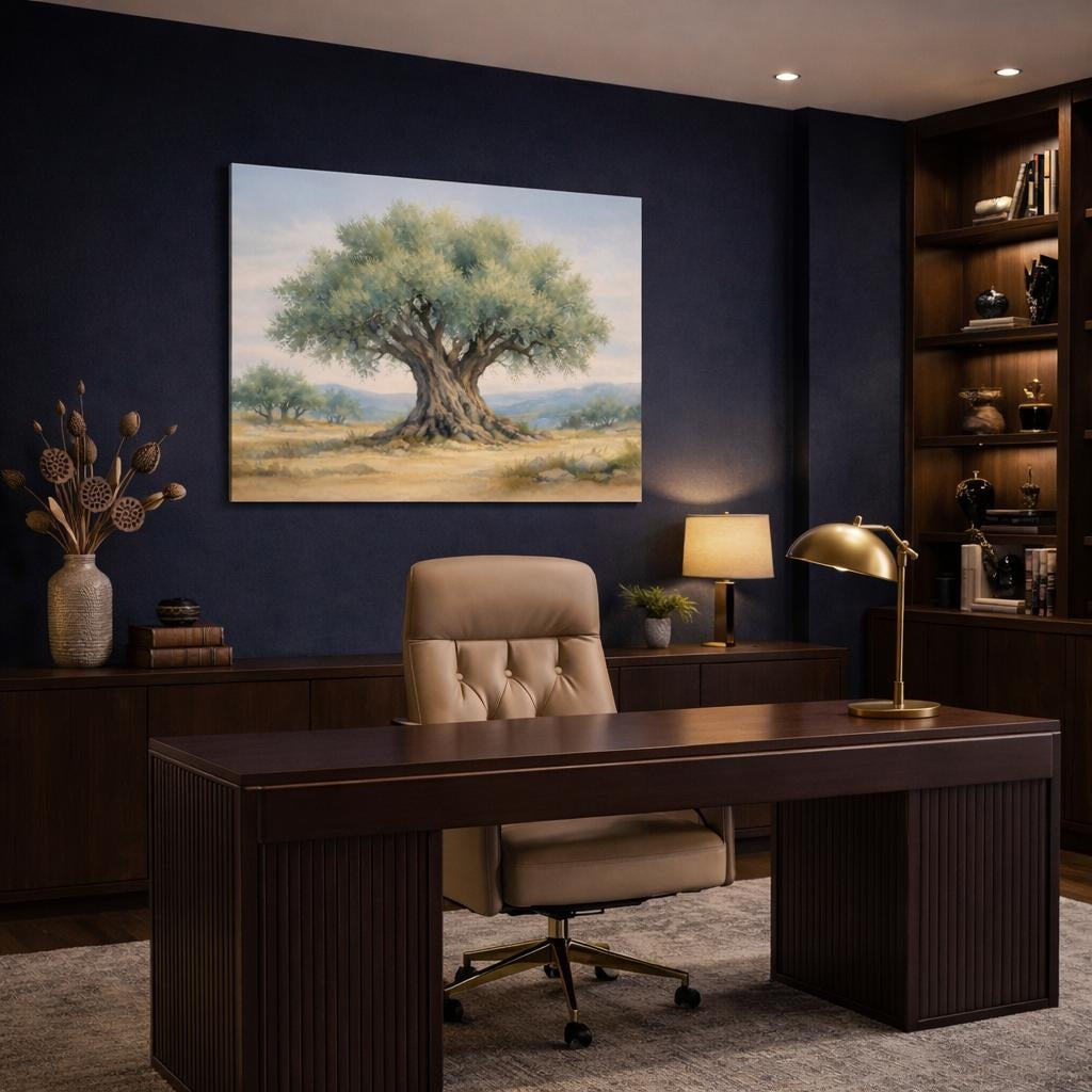 Watercolor Olive Tree shown as canvas wall art in a refined dining room