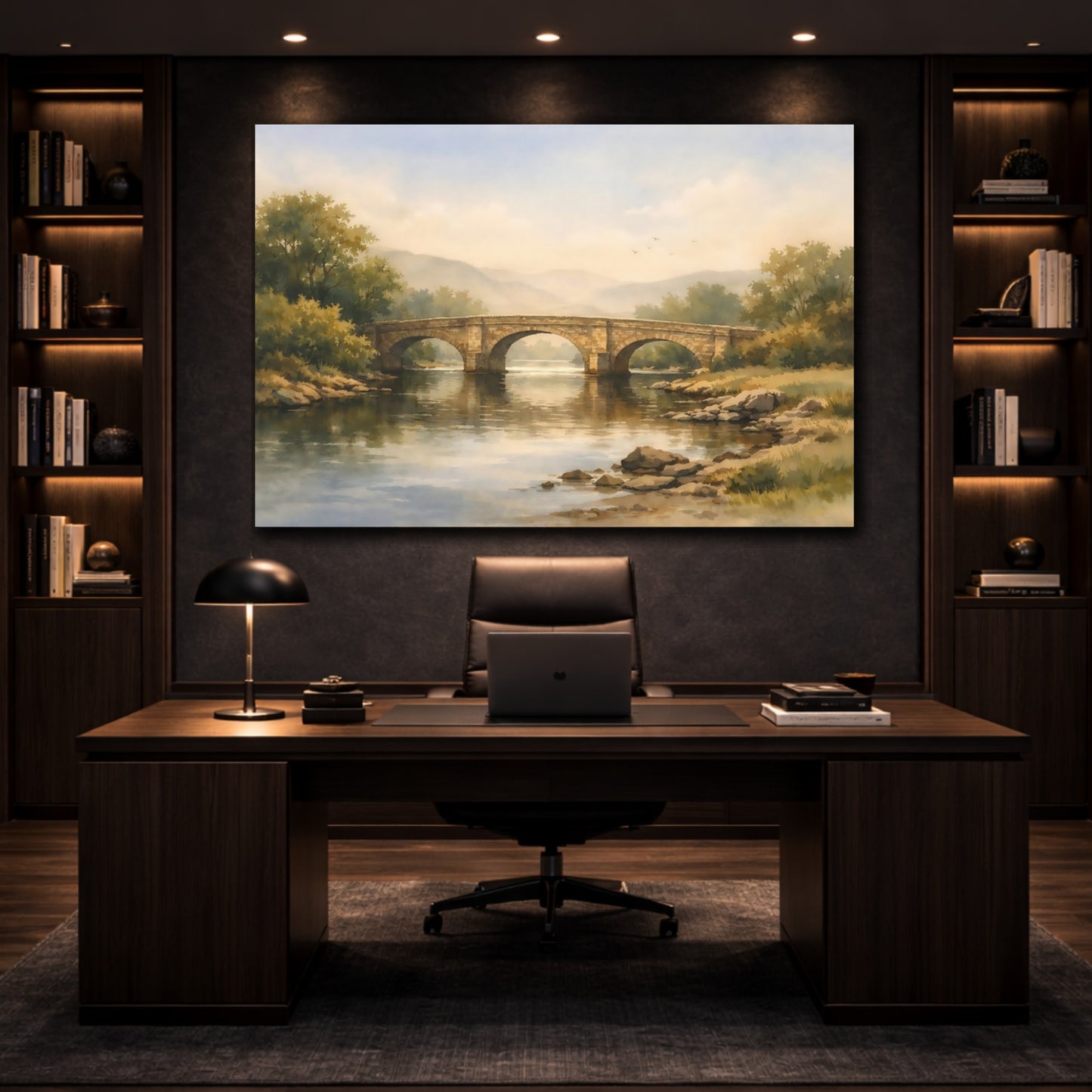 Mockup 2. Watercolor River Bridge shown as stretched canvas wall art