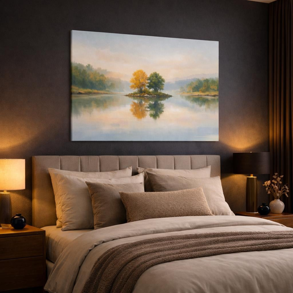 Watercolor River Reflection shown as canvas wall art in a luxury bedroom