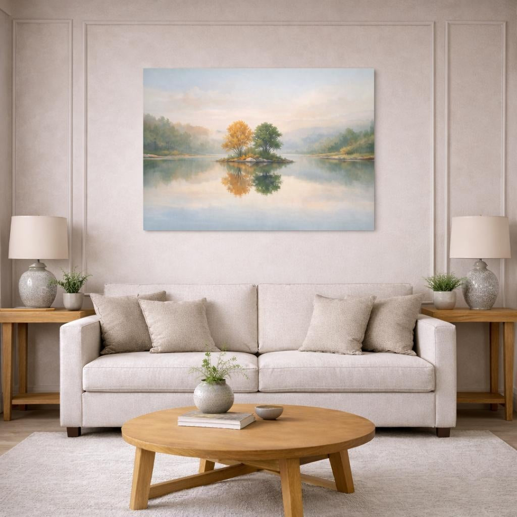 Watercolor River Reflection shown as canvas wall art in a modern living room