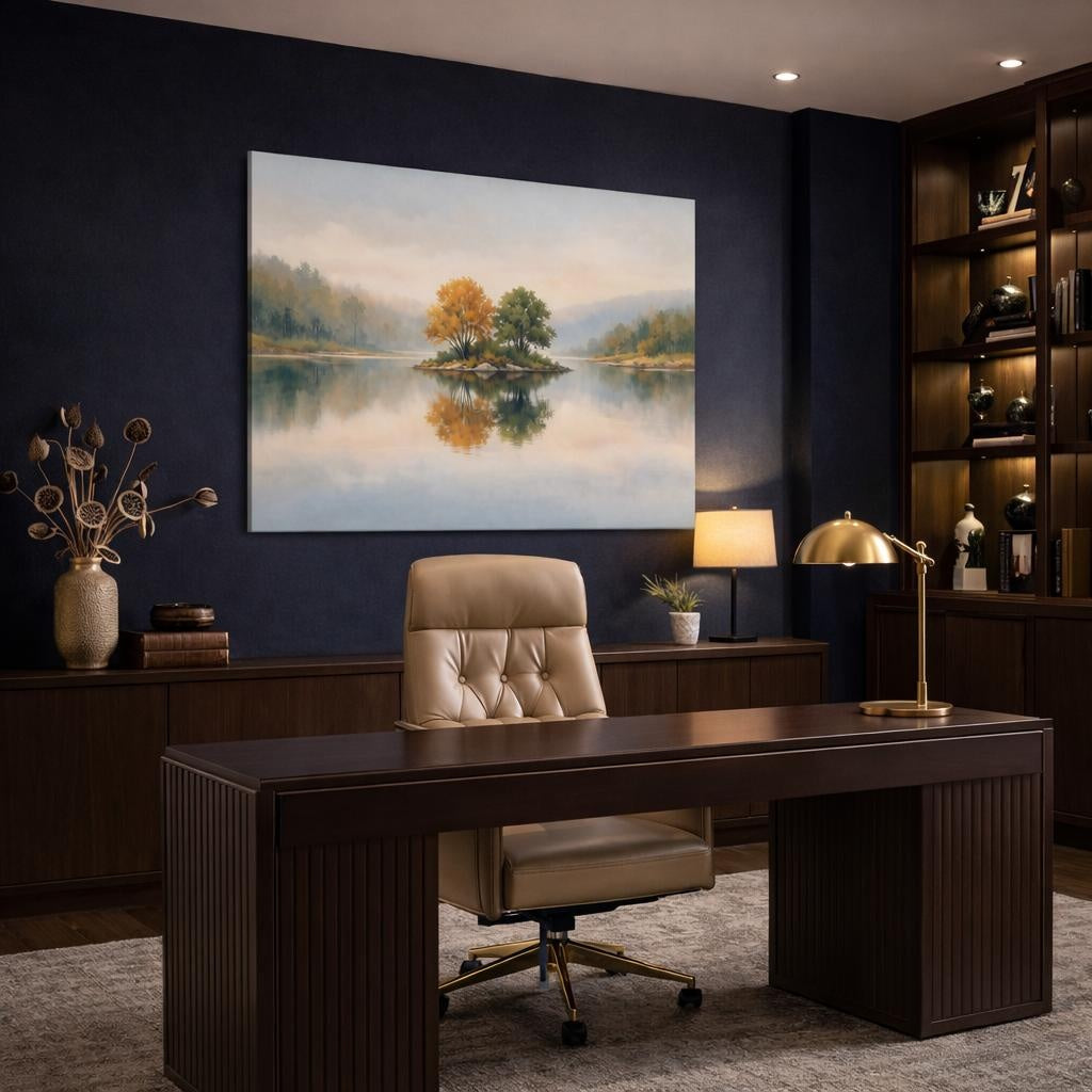 Watercolor River Reflection shown as canvas wall art in a refined dining room