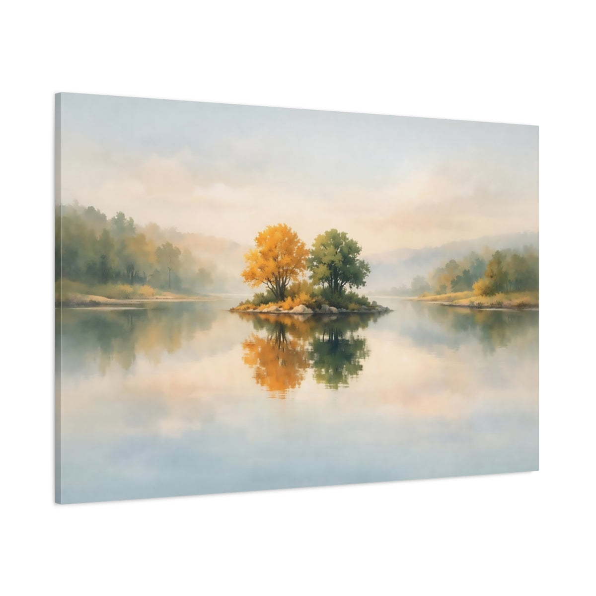 Watercolor River Reflection shown as stretched canvas wall art