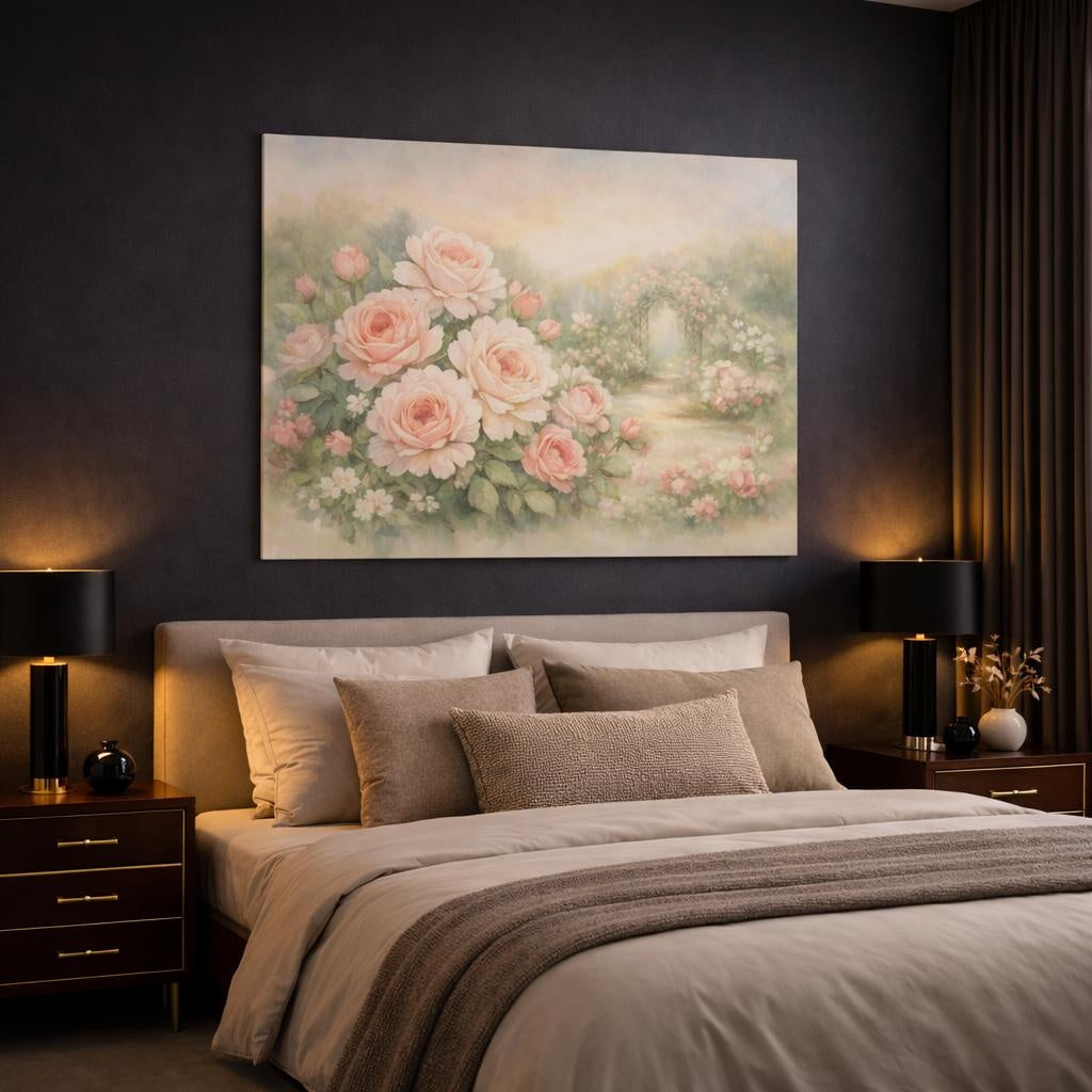 Watercolor Rose Garden shown as canvas wall art in a luxury bedroom
