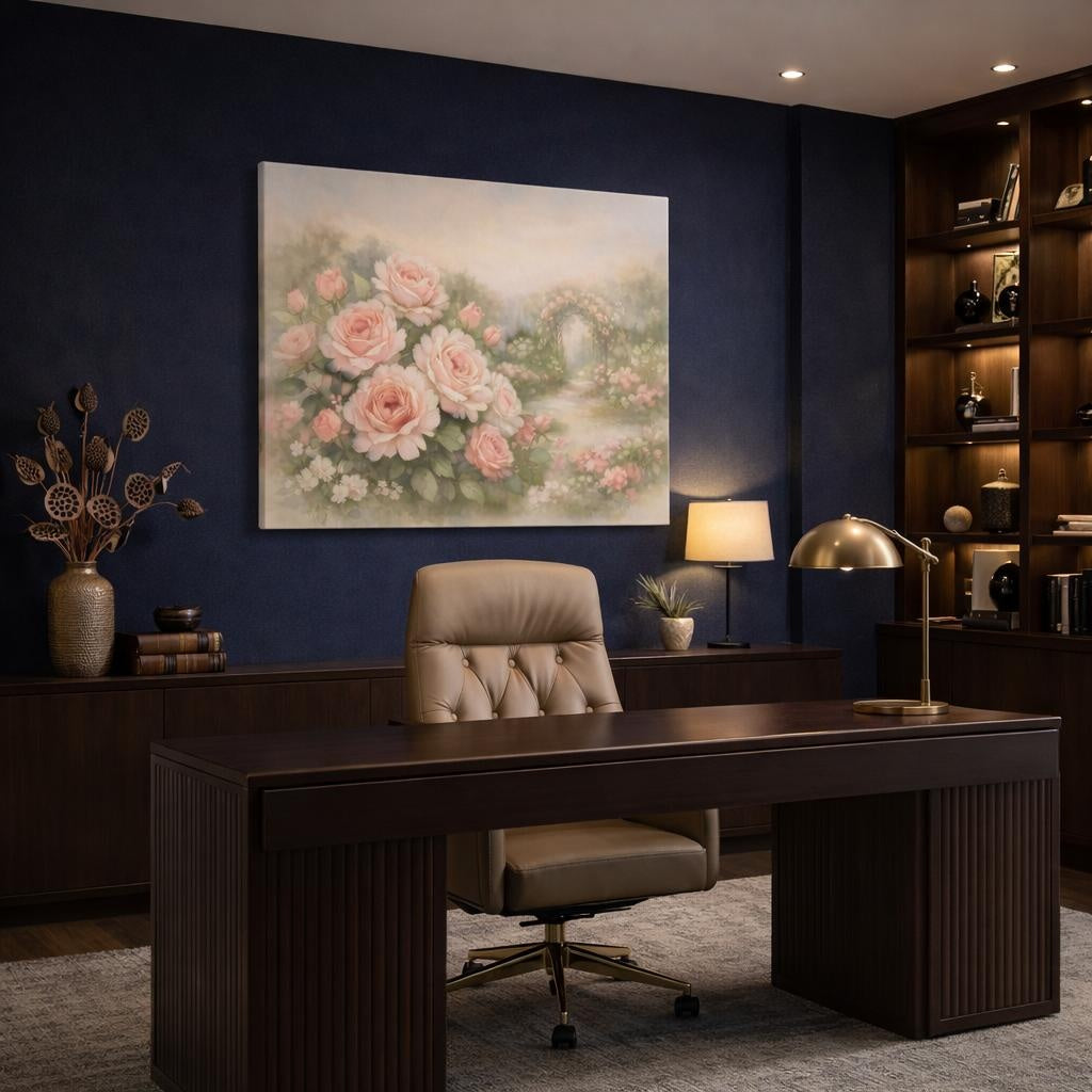 Watercolor Rose Garden shown as canvas wall art in a refined dining room