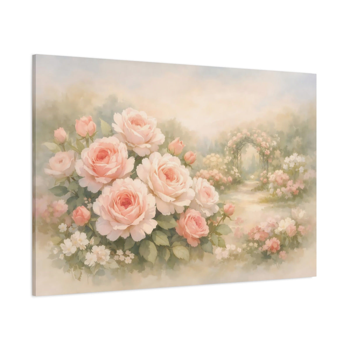 Watercolor Rose Garden shown as stretched canvas wall art