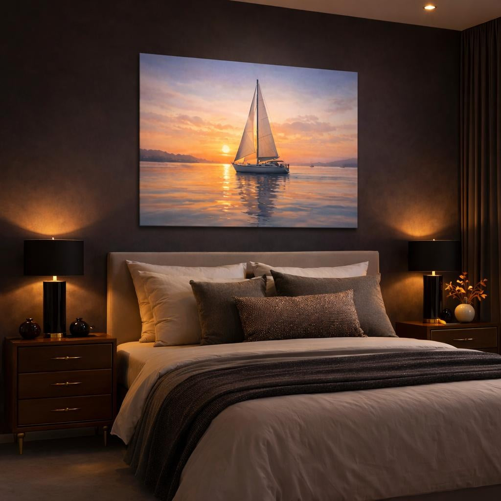 Watercolor Sailboat Sunset shown as canvas wall art in a luxury bedroom