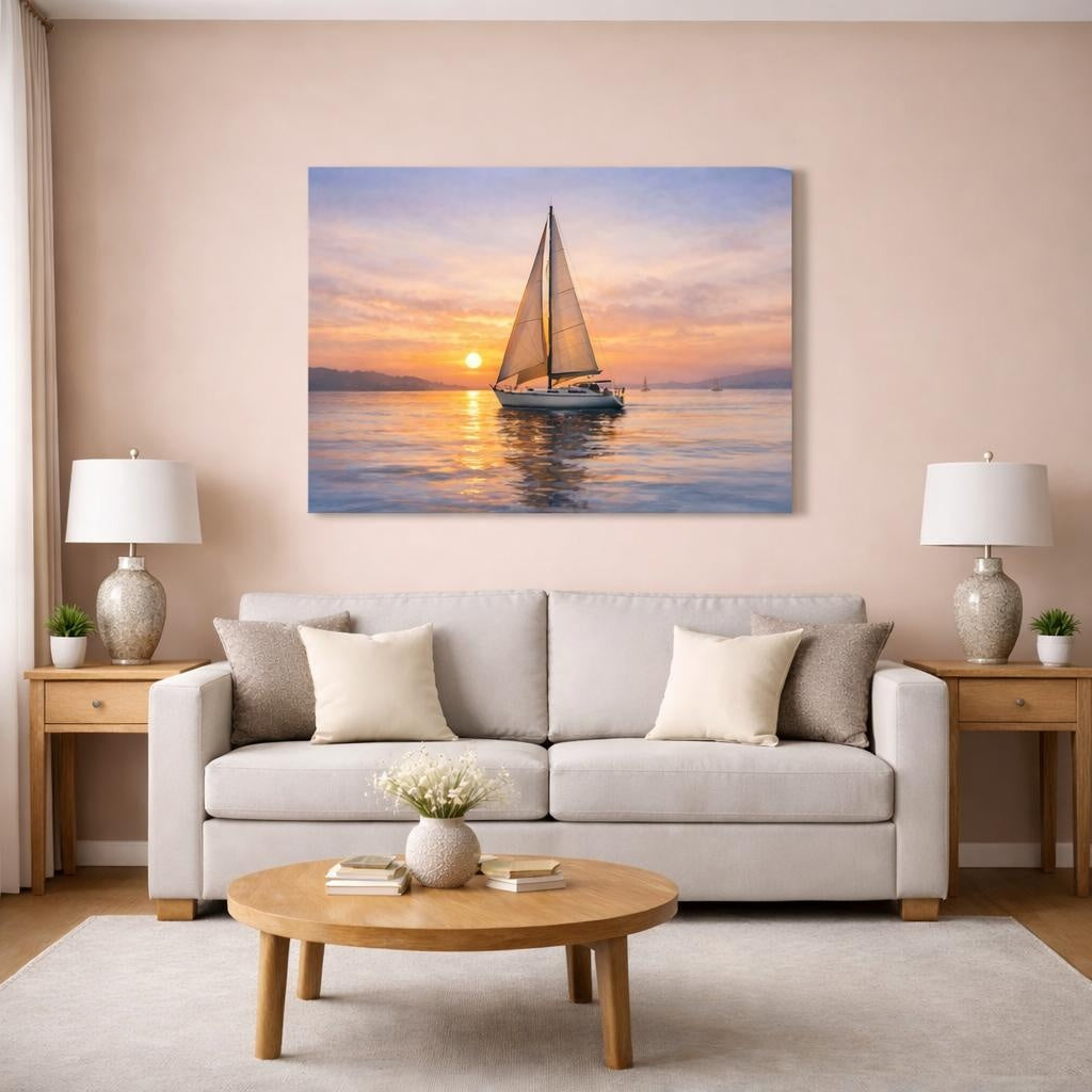 Watercolor Sailboat Sunset shown as canvas wall art in a modern living room