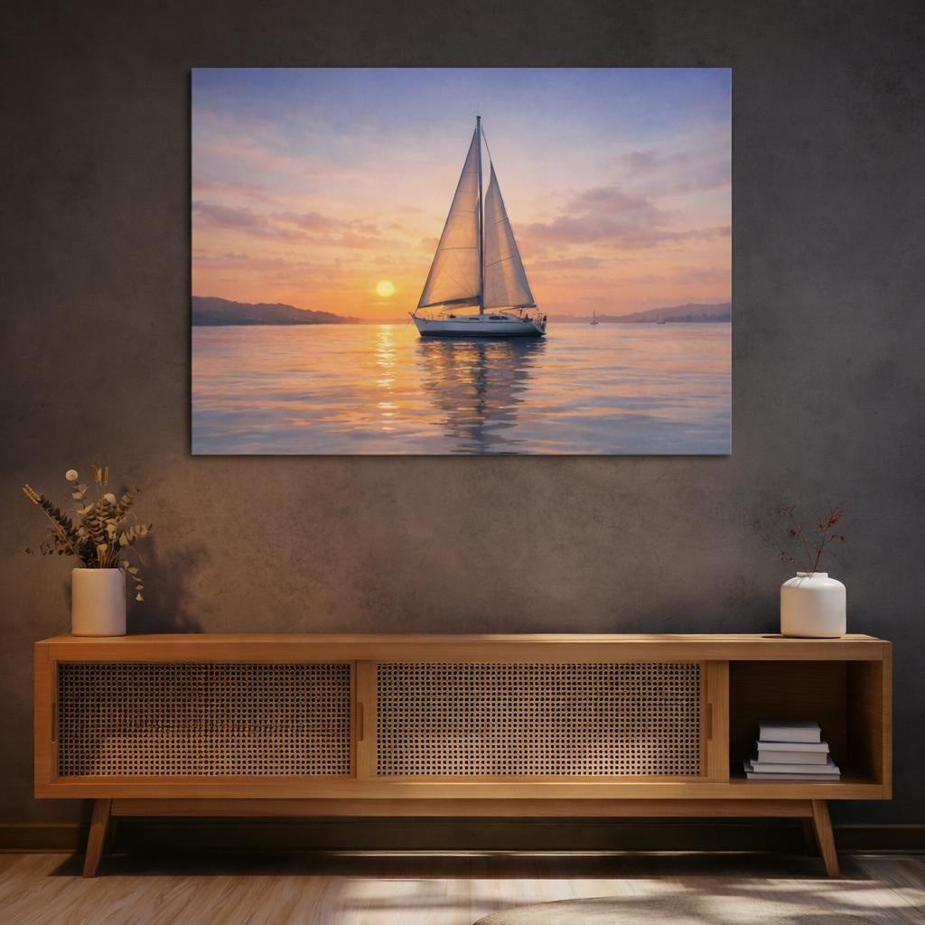 Watercolor Sailboat Sunset shown as canvas wall art in a refined dining room