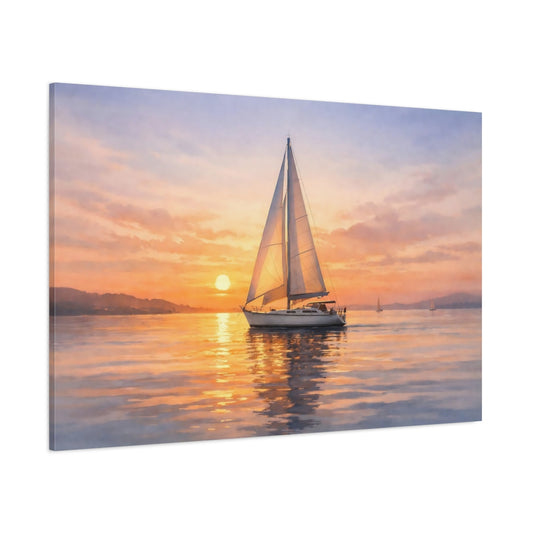 Watercolor Sailboat Sunset shown as stretched canvas wall art