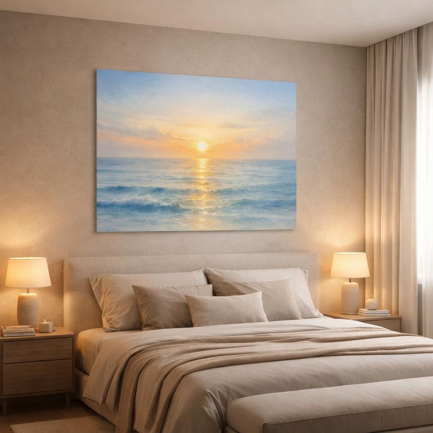 Watercolor Sea Horizon shown as canvas wall art in a luxury bedroom