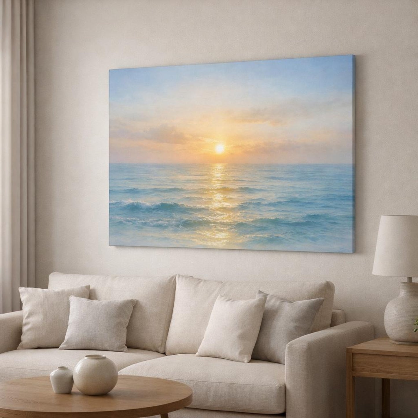 Watercolor Sea Horizon shown as canvas wall art in a modern living room