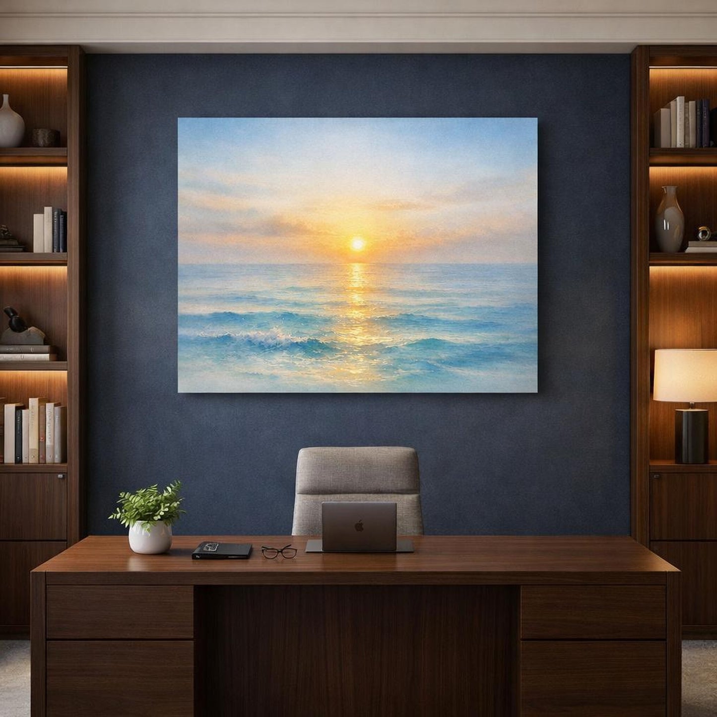 Watercolor Sea Horizon shown as canvas wall art in a refined dining room