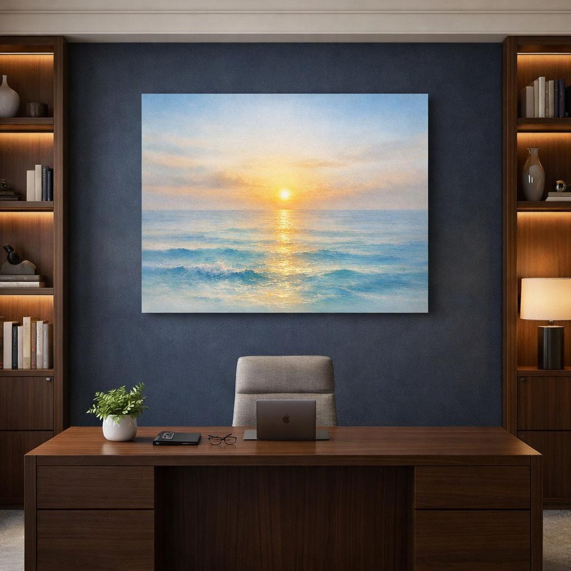 Watercolor Sea Horizon shown as canvas wall art in a refined dining room