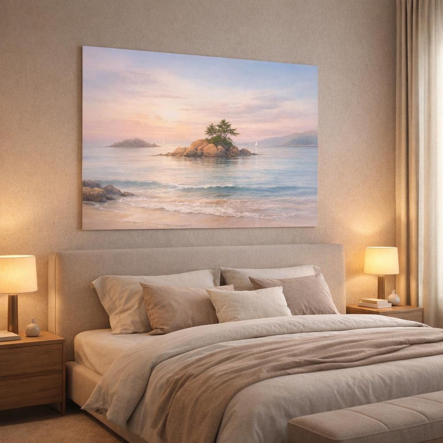 Watercolor Seascape Pastel shown as canvas wall art in a luxury bedroom