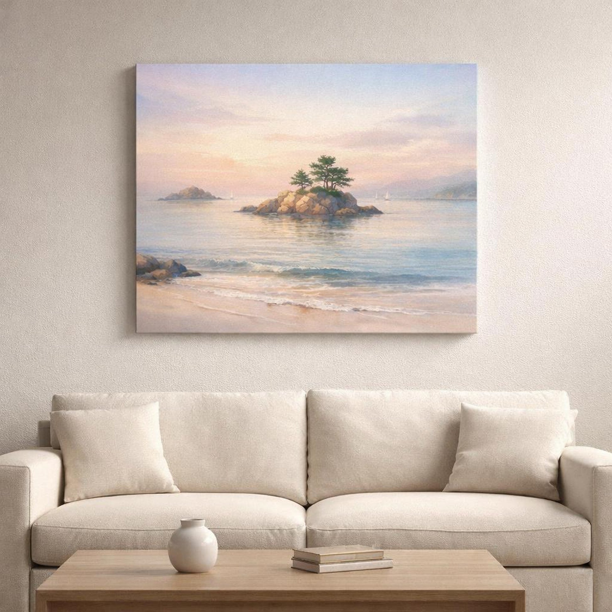 Watercolor Seascape Pastel shown as canvas wall art in a refined dining room