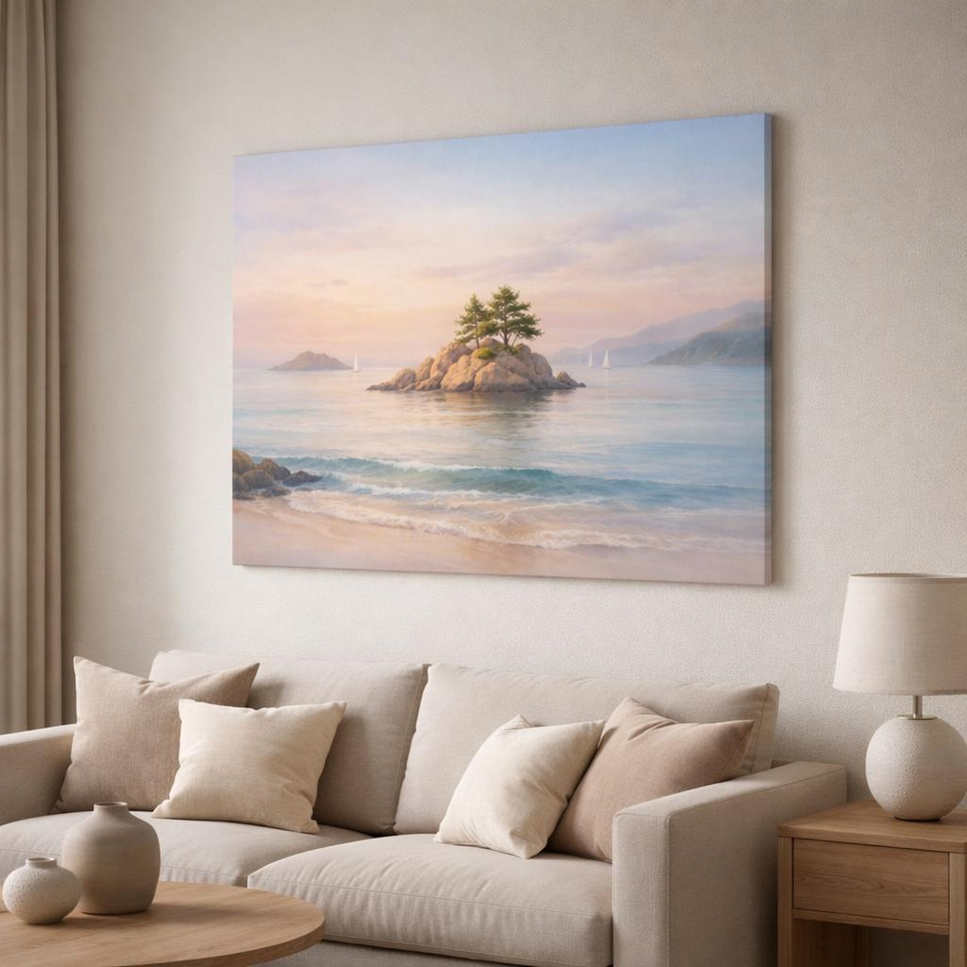 Watercolor Seascape Pastel shown as canvas wall art in a modern living room