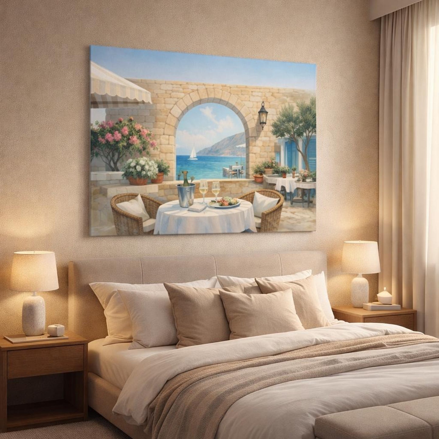 Watercolor Seaside Bistro Terrace shown as canvas wall art in a luxury bedroom