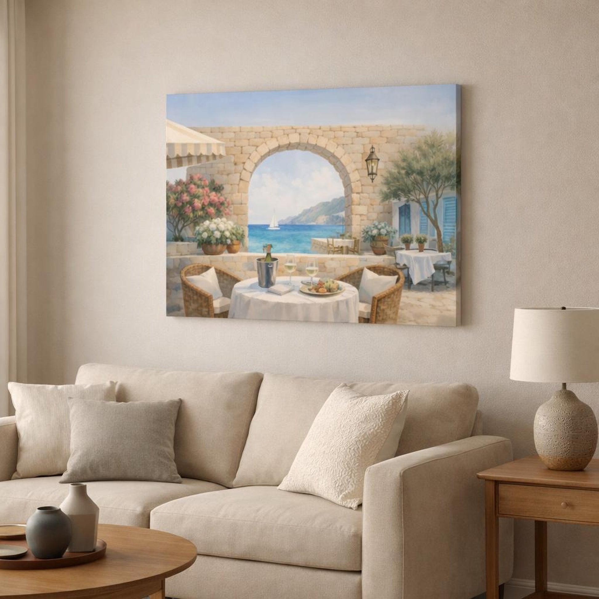 Watercolor Seaside Bistro Terrace shown as canvas wall art in a modern living room