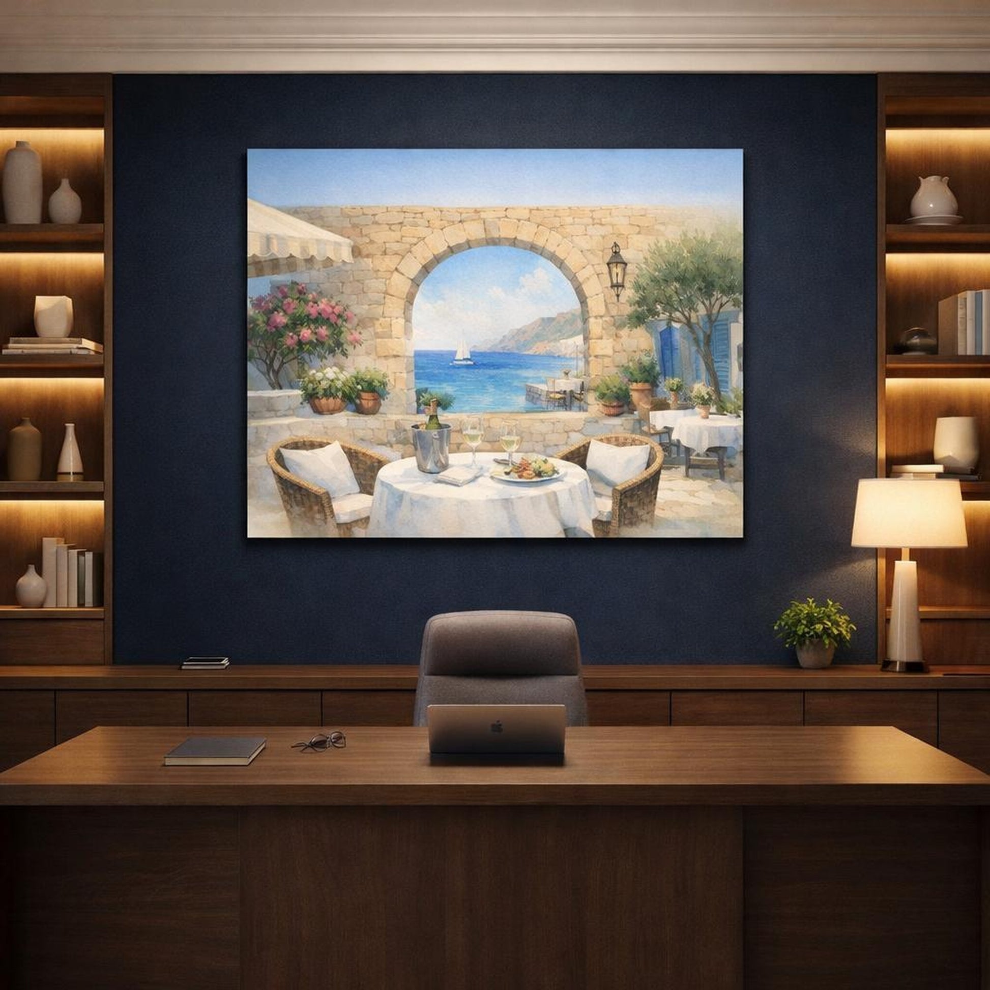Watercolor Seaside Bistro Terrace shown as canvas wall art in a refined dining room