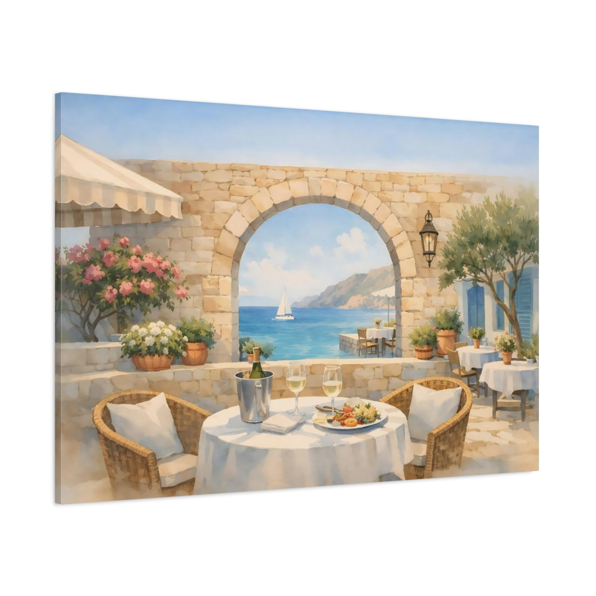 Watercolor Seaside Bistro Terrace shown as stretched canvas wall art