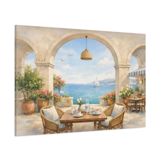 Main Mockup. Watercolor Seaside Cafe Arch shown as stretched canvas wall art
