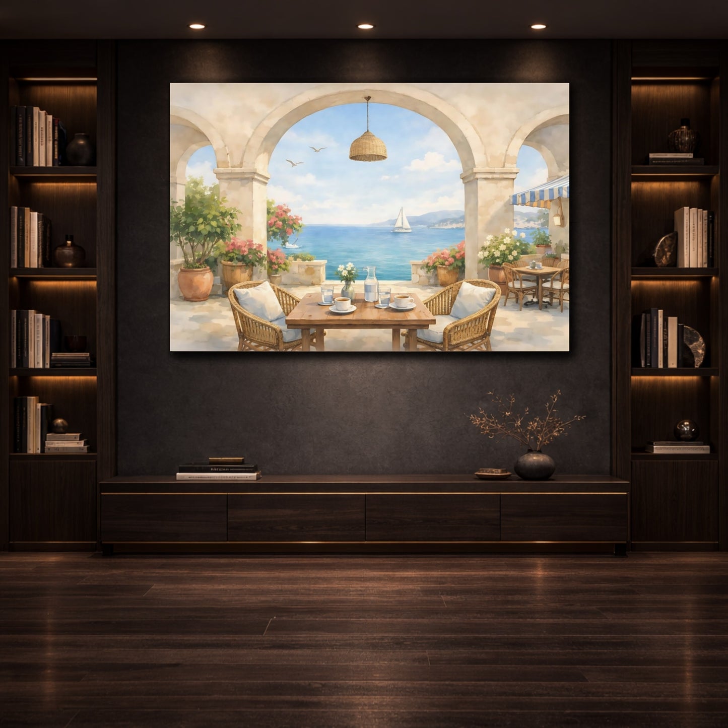 Mockup 2. Watercolor Seaside Cafe Arch shown as stretched canvas wall art