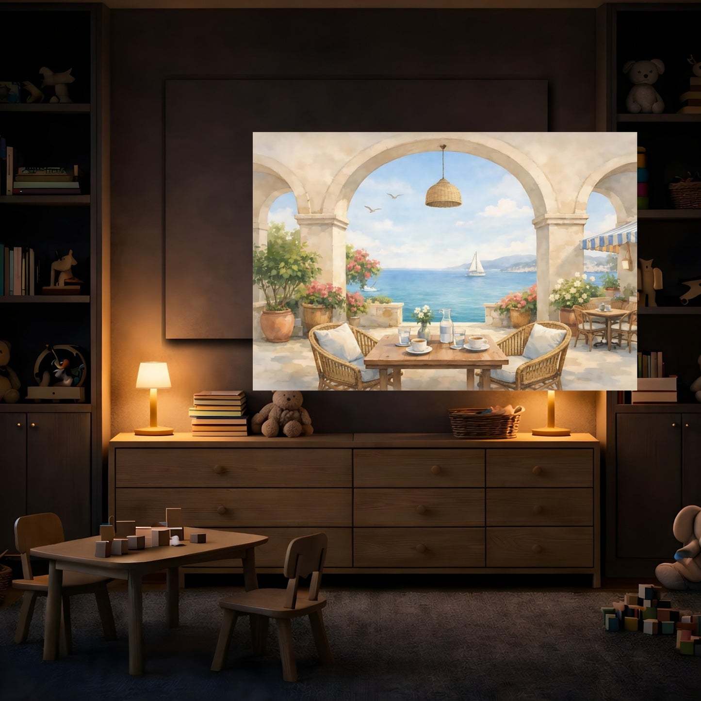 Mockup 3. Watercolor Seaside Cafe Arch shown as stretched canvas wall art