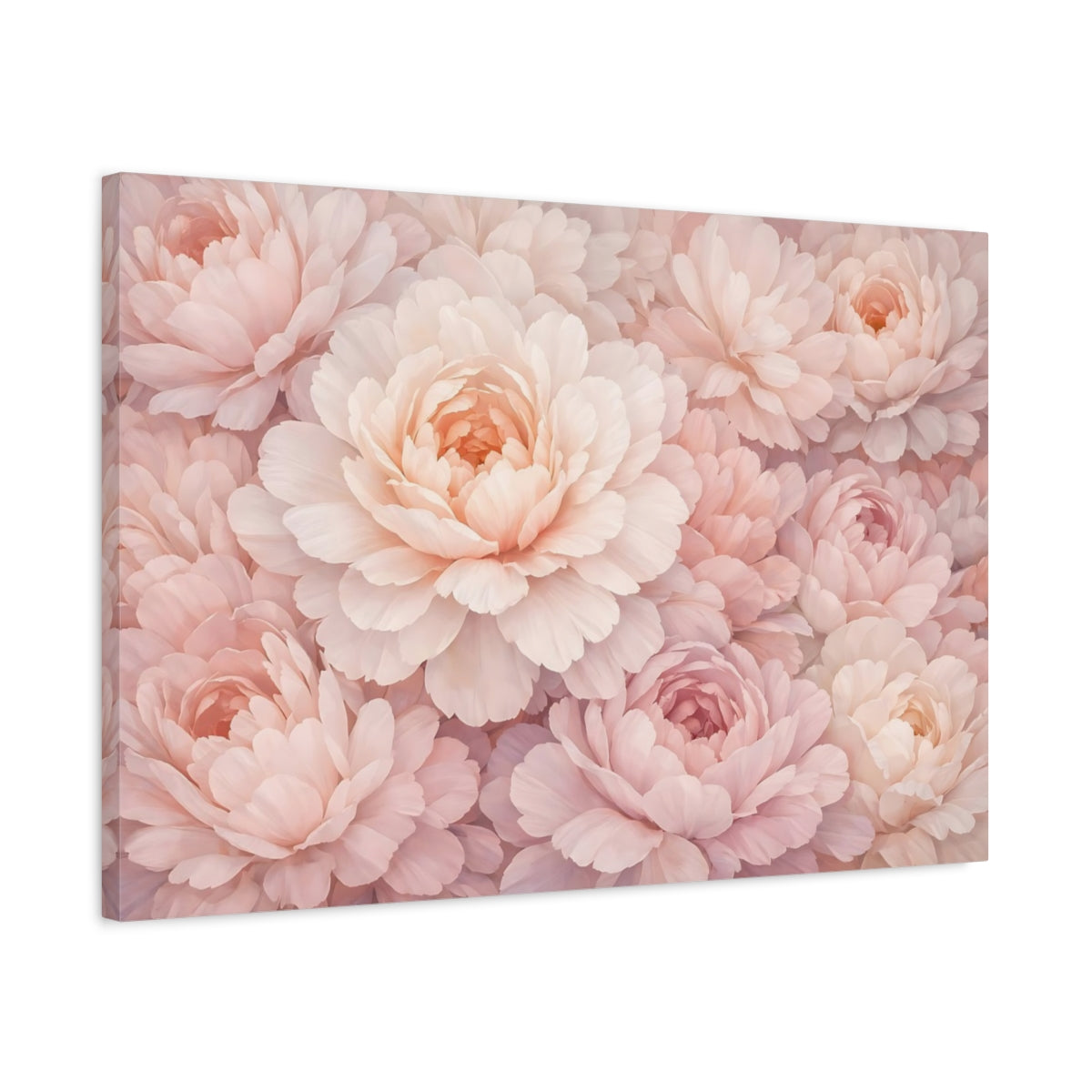 Side Mockup 2. Floral Pink Peonies Blush Pink shown as stretched canvas wall art