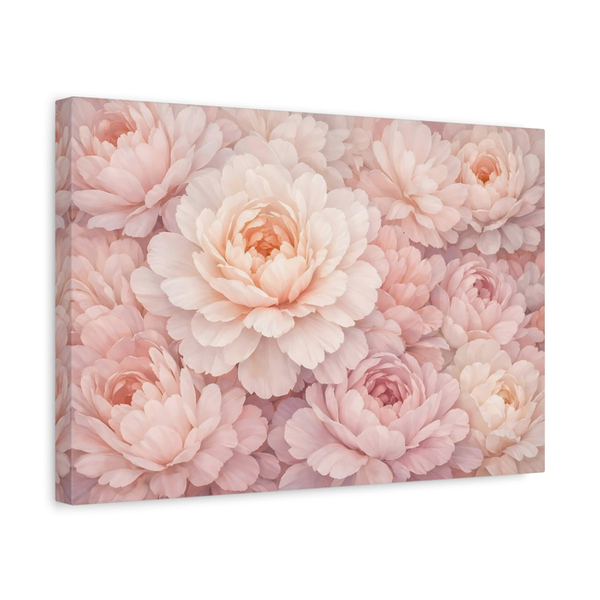 Side Mockup 4. Floral Pink Peonies Blush Pink shown as stretched canvas wall art