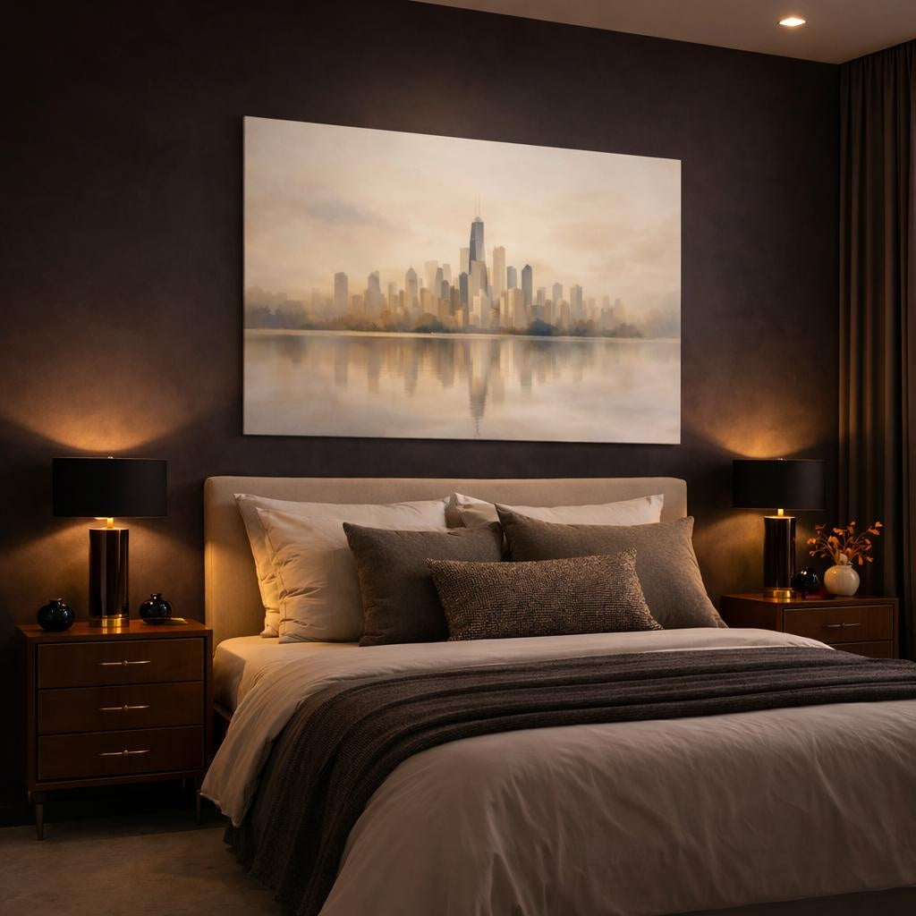 Watercolor Soft Neutral Skyline shown as canvas wall art in a luxury bedroom