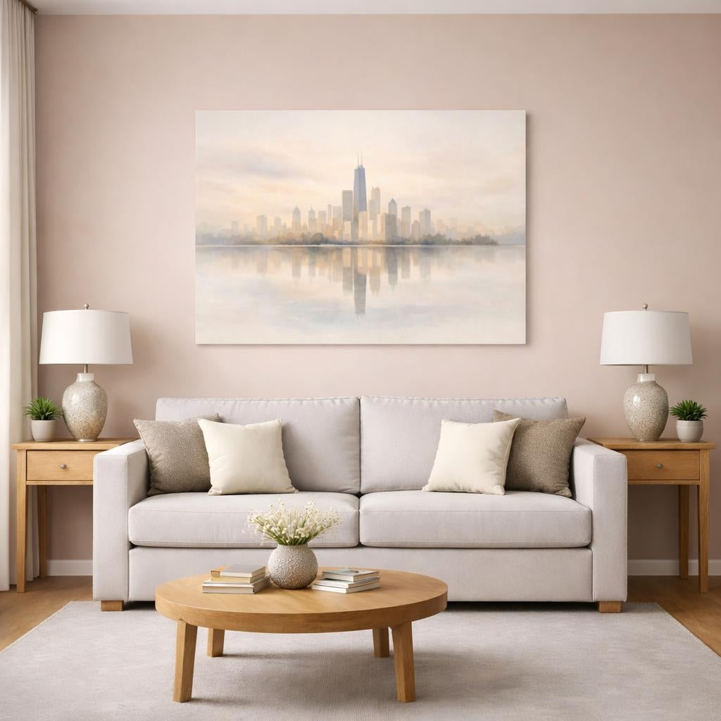 Watercolor Soft Neutral Skyline shown as canvas wall art in a modern living room