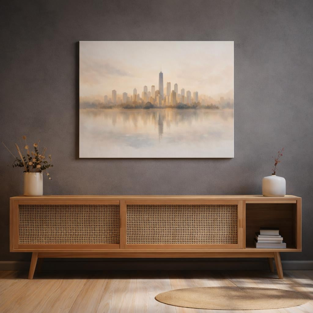 Watercolor Soft Neutral Skyline shown as canvas wall art in a refined dining room