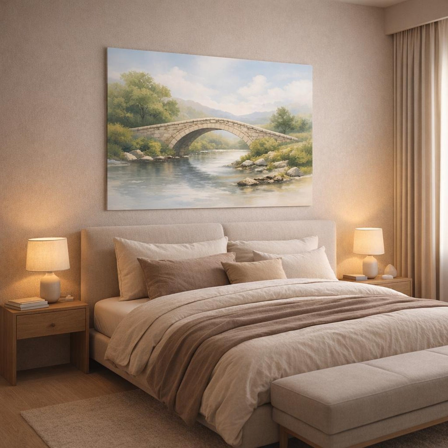 Watercolor Stone Bridge shown as canvas wall art in a luxury bedroom
