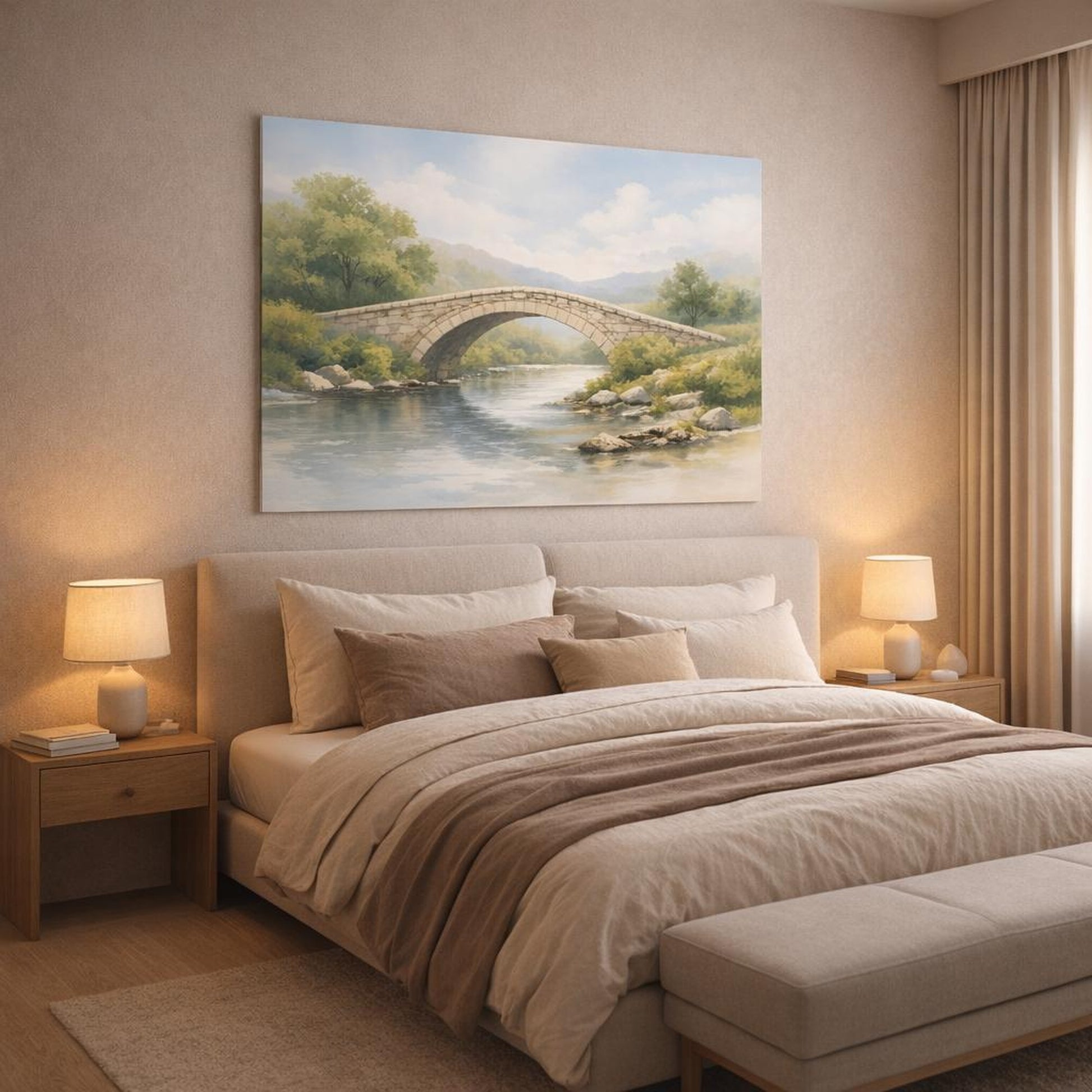 Watercolor Stone Bridge shown as canvas wall art in a luxury bedroom